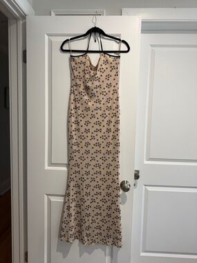 NWT Lioness Beige Floral Mesh Slip Dress with Halter Tie Strap